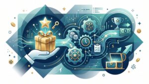Иллюстрация приветственных бонусов и условий отыгрыша для обзора онлайн-казино в современном стиле